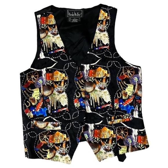 Vintage Nicole Miller Printed Vest Cowboy Rodeo Western Silk Black Size Large - Picture 4 of 11